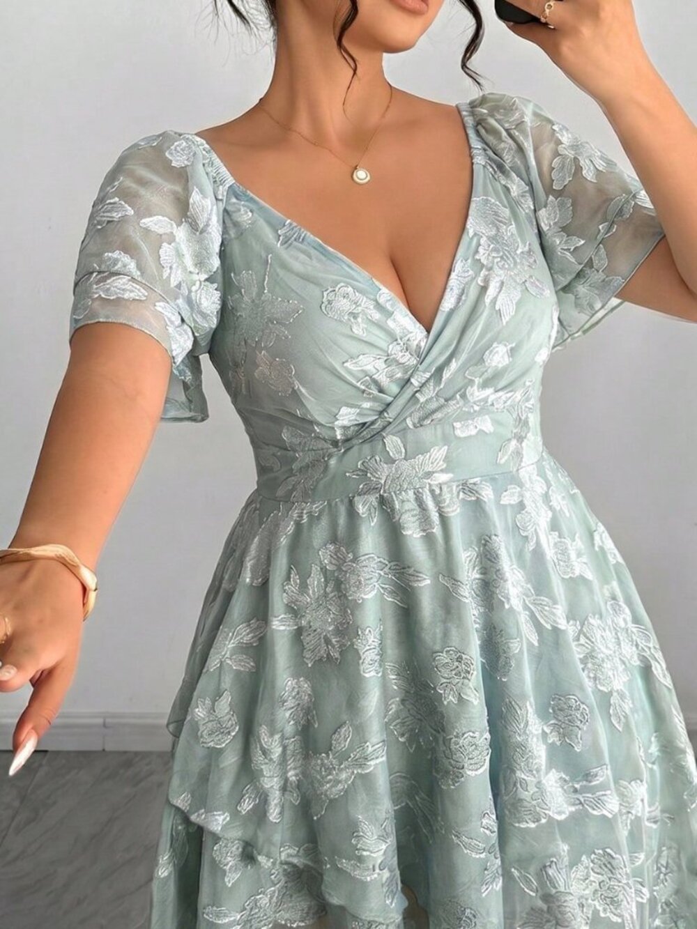 Mint Green Elegant Off-Shoulder Women's Plus Size Lace hi low Dress - Picture 3 of 5